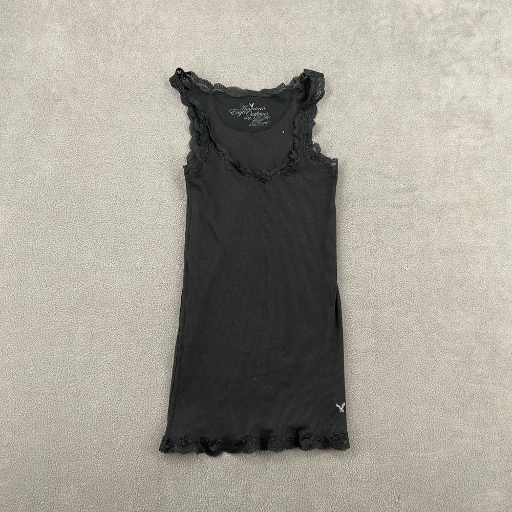 Vintage Y2K American Eagle Outfitters Tank Top Sz XS Black Logo Ribbed Lace